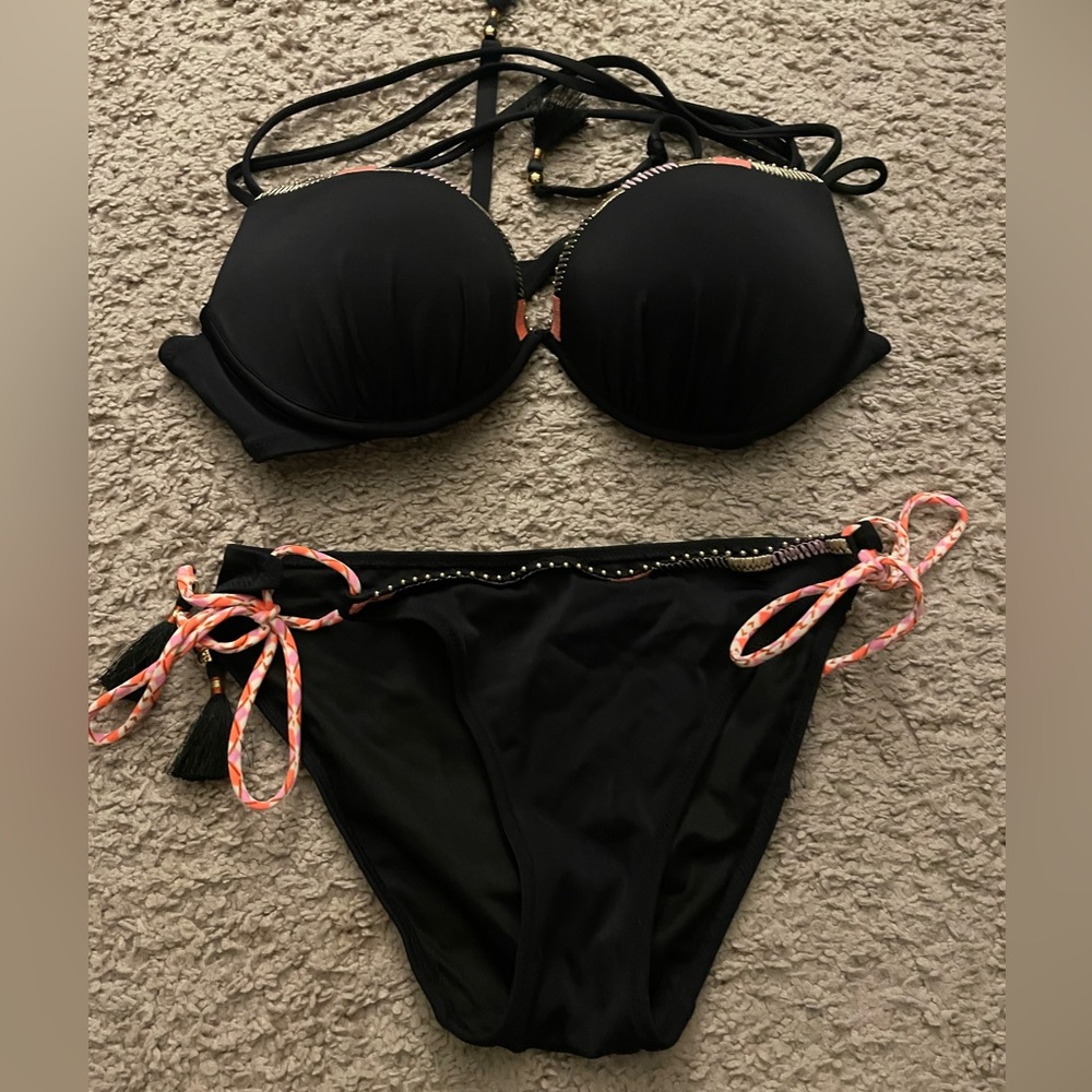 👙VICTORIA’S SECRET- Gold beaded Black Swim Suit, Size: 34D, NWOT